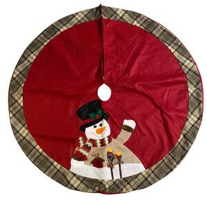 Vintage Christmas Red Tree Skirt Green Plaid Trim Snowman Patchwork Felt 40"